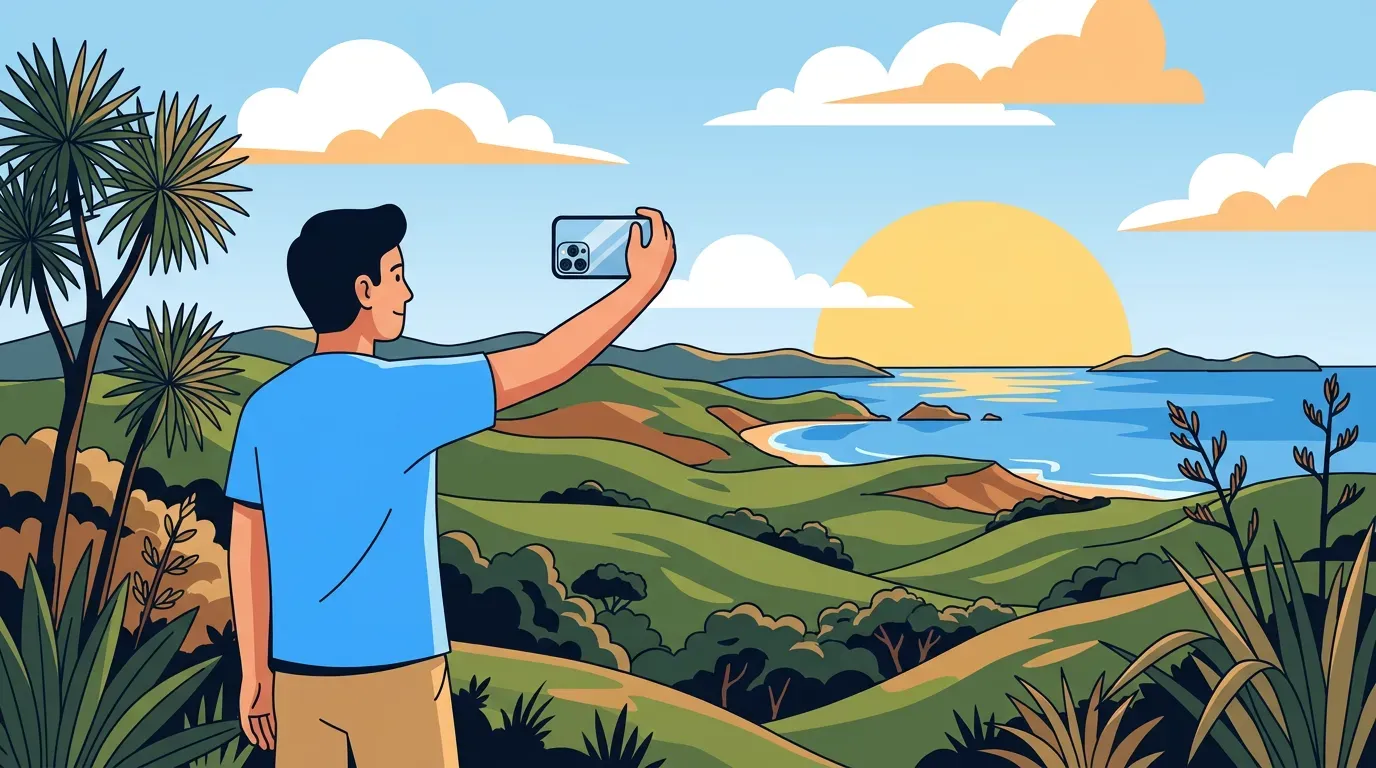A New Zealander taking a photo on a modern phone at a coastal lookout