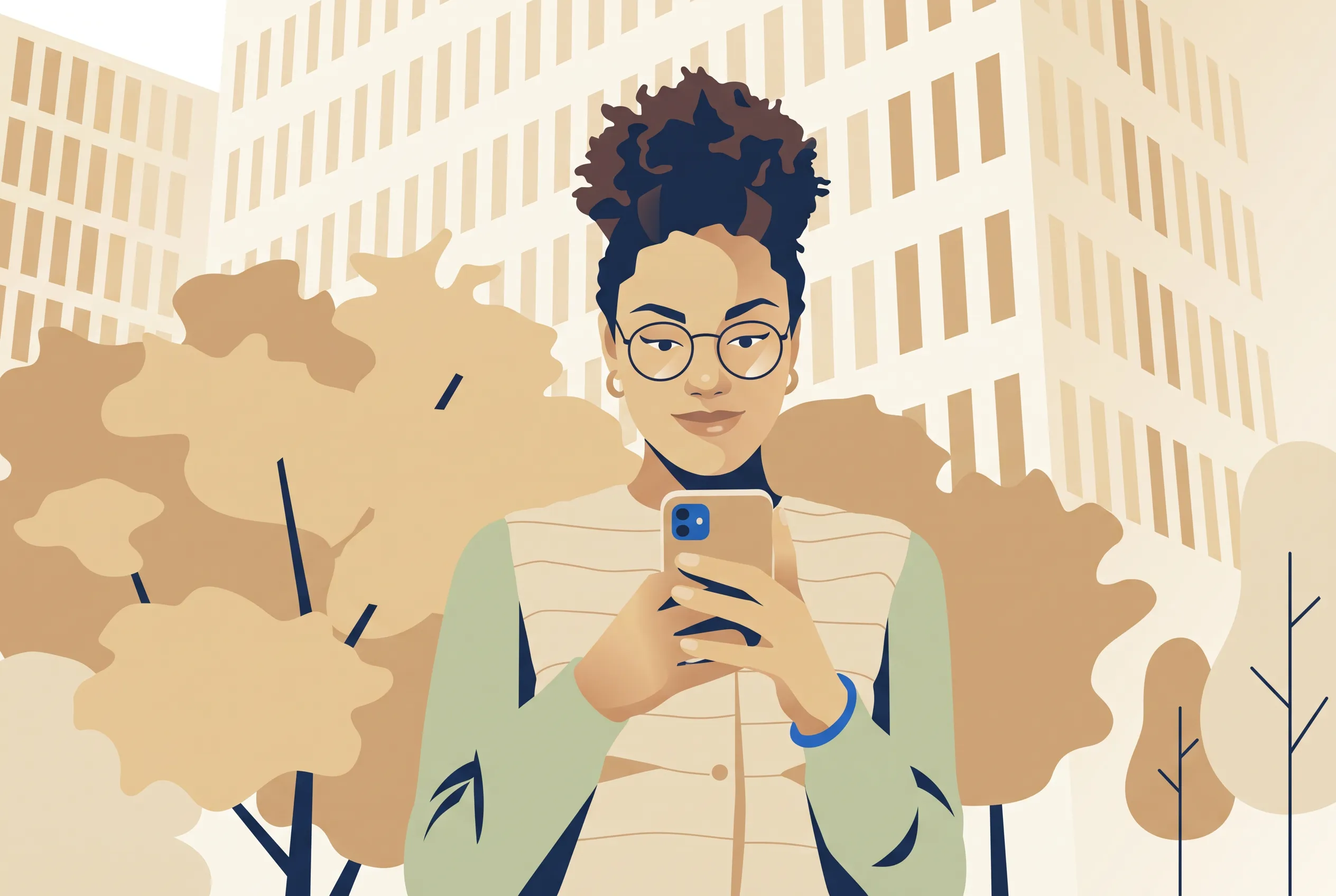 A New Zealander checking a phone on a city street