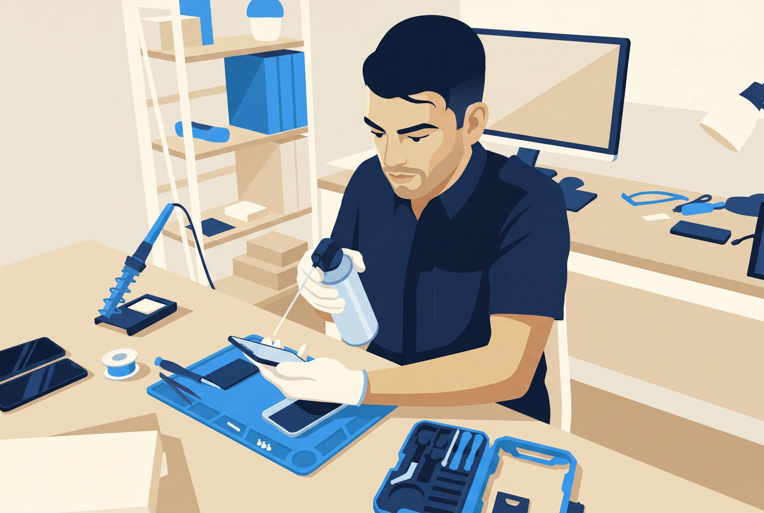 A technician repairing a phone at the workbench