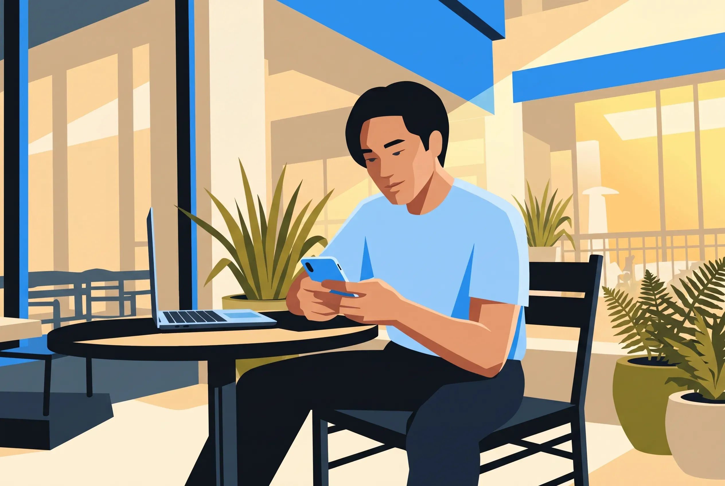 A customer relaxing with a refurbished phone and laptop at a cafe