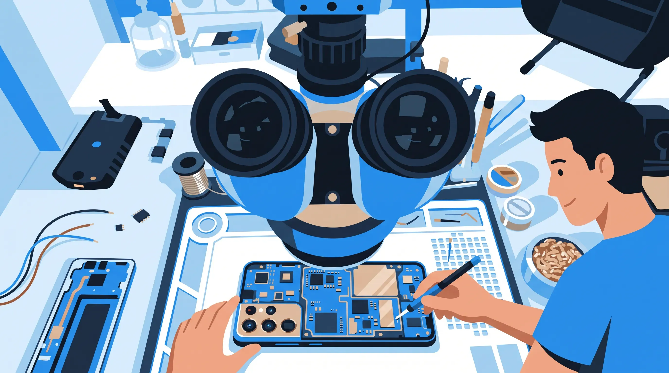 A technician checking a phone under a microscope in the Auckland workshop